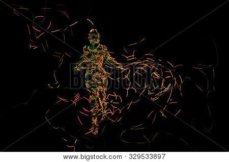 Abstract Flying Female Figure Is Wrapped Up By Branches Of Magic Plant Isolated On Black Background.