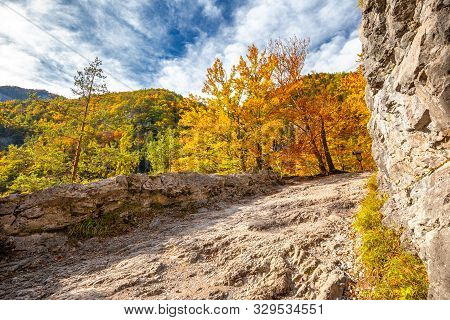 Mountain Landscape In Autumn Sunny Day. Hiking Trail Through Kvacianska Valley, Slovakia, Europe.