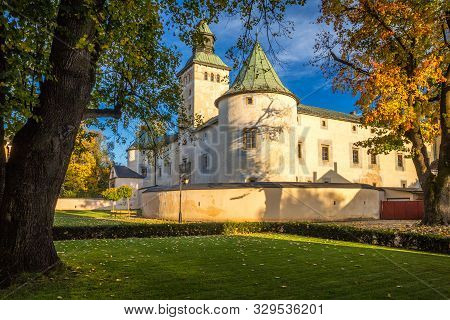 The Bytca Castle With Park In Autumn Colors, Slovakia, Europe.