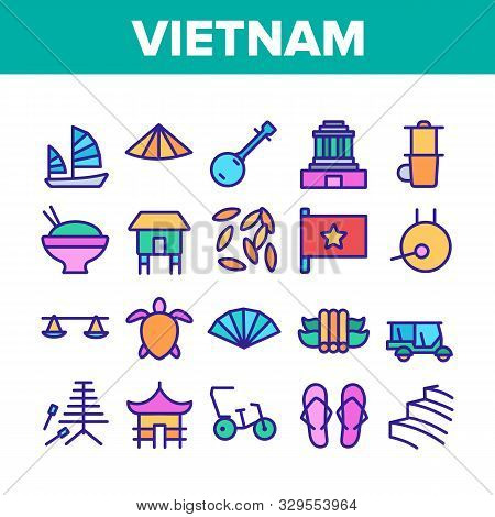 Vietnam Collection Traditional Icons Set Vector Thin Line. Flag And Palace, Gong And Sailboat, Turtl