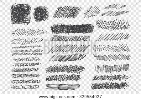 Ink Pen Scribble Vector Illustrations Set. Various Undigested Black Pencil Strokes, Monochrome Scraw