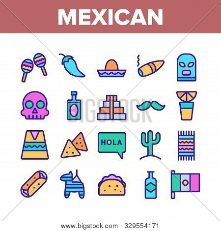 Mexican Traditional Collection Icons Set Vector Thin Line. Pepper And Tequila, Cigar And Cactus, Nac