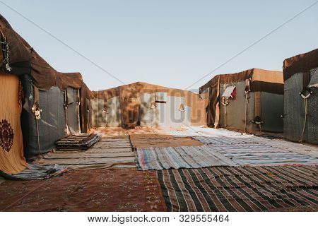 Haima Camp In Sahara Desert, Forming A Courtyard With Carpets On The Floor