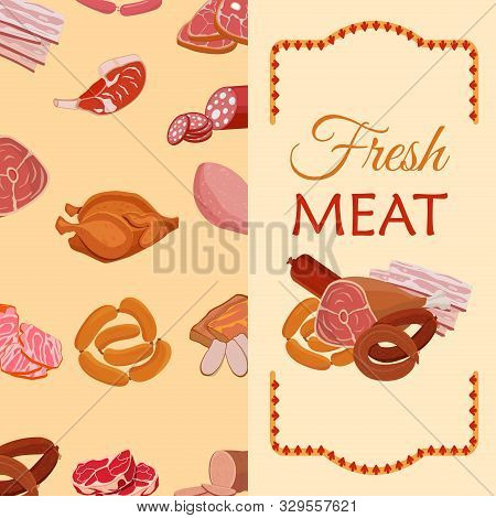 Banner With Meat Products. Roast Chicken And Prime Rib, Sausage, Salami And Ham, Sirlon, Bacon, Sucu