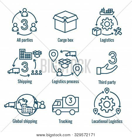 Logistics Icon Set W Buildings, Trucking, People And Shipping Box