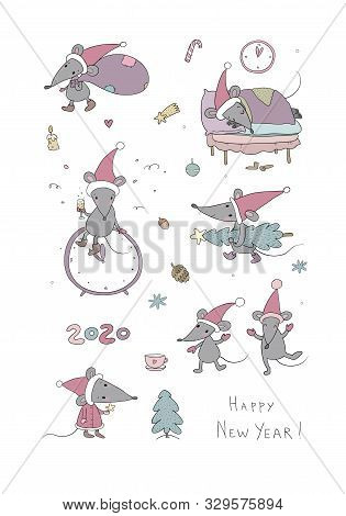 Cute Cartoon Rats. Greeting Card. Chinese Zodiac Sign Year Of Rat. New Year 2020. Animal Cartoon Cha