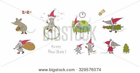Cute Cartoon Rats. Greeting Card. Chinese Zodiac Sign Year Of Rat. New Year 2020. Animal Cartoon Cha