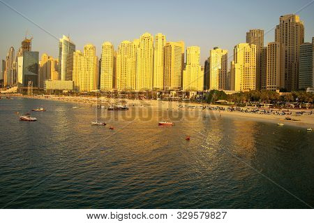 Dubai / Uae - October 17, 2019: Jbr. Panoramic View Of Jumeirah Beach Residence Skyscrapers. Water S