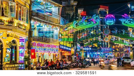 Street Night View Of The Center Of Sapa, Vietnam