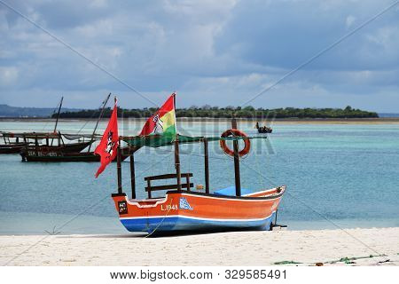 Kendwa, Zanzibar - October 4, 2019: Fishing Boat On The Beach In Kendwa Village, Zanzibar, Tanzania,