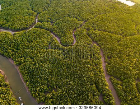 Aerial Top View Of Samet Nangshe And Tropical Green Forest Trees At Sunset With Andaman Sea In Phang