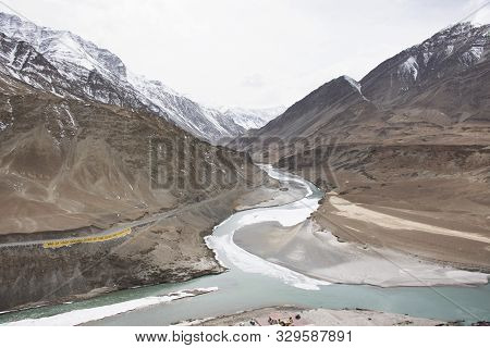 View Landscape Himalayas Range Mountain With Confluence Of The Indus And Zanskar Rivers From On Srin