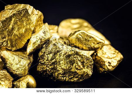 Nugget Of Raw Gold, The Most Expensive Gemstone In The World. Mining And Mineral Extraction Concept.