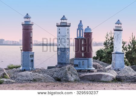 Kotka, Finland - 10 September 2019: Miniatures Of Finnish Lighthouses In The Marine Park Of Catherin