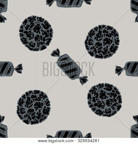 Seamless Pattern With Hand Drawn Stylized Candies, Cookie Stock Illustration