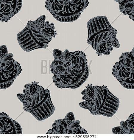 Seamless Pattern With Hand Drawn Stylized Cupcake, Cake Stock Illustration