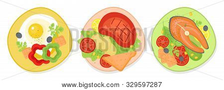 Set Of Delicious Breakfast, Ginner And Supper On The Plate. Doodle Color Illustration Of Food For Th
