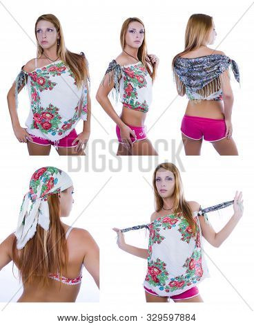 The Girl Demonstrates The Options For Using A Neckerchief As Clothing. 5 In 1