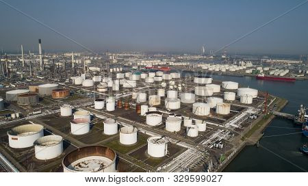 Oil Refinery Plant From Industry Zone, Aerial View Oil And Gas Industrial, Refinery Factory Oil Stor