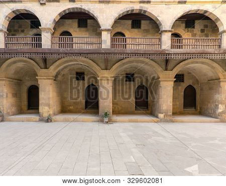 Facade Of Historic Wikala Of Bazaraa Building, With Vaulted Arcades And Oriental Wooden Oriel Window