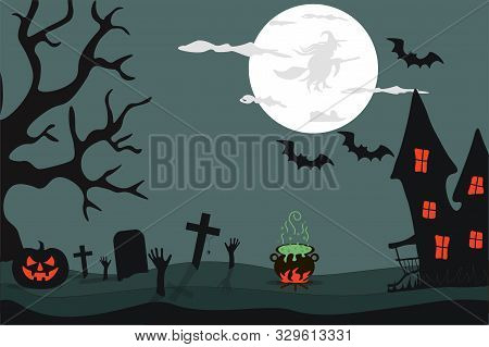 Happy Halloween.  Night, Silhouette Of A Witch On The Moon.  On A Dark Green Background, A Gloomy Ha