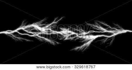Tunder Lightning Bolts Isolated On Black Background, Abstract Electric Concept