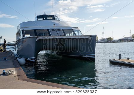Bayfield, Wisconsin - October 19, 2019: Boat For The Apostle Islands Cruises Waits For Passengers Fo