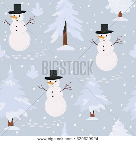 Vector Illustration Of A Winter Landscape With A Forest And A Snowman. Seamless Pattern With Snowy S