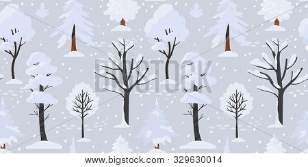 Vector Illustration Of A Winter Landscape With A Forest Covered With Snow. Seamless Pattern With Sno