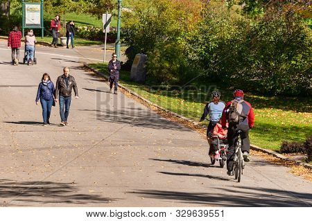 Quebec City, Ca - 5 October 2019 - People Walking In The Battlefields Park In The Autumn Season