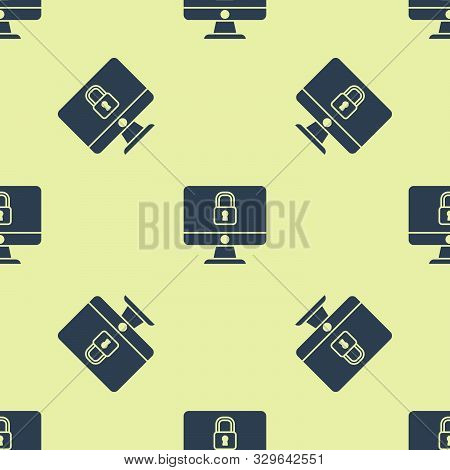 Blue Lock On Computer Monitor Screen Icon Isolated Seamless Pattern On Yellow Background. Security, 