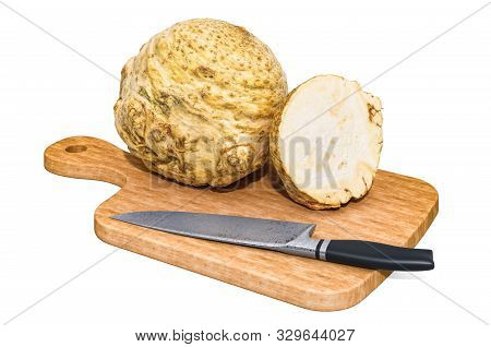 Knob Celer Lies On A Wooden Board Next To A Knife, 3d Rendering Isolated On White Background