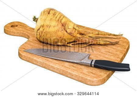 Parsnip Or Pastinaca Sativa Lies On A Wooden Board Next To A Knife, 3d Rendering Isolated On White B