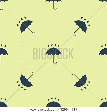 Blue Umbrella And Rain Drops Icon Isolated Seamless Pattern On Yellow Background. Waterproof Icon. P