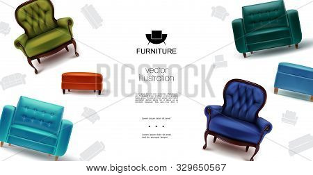 Realistic Furniture Objects Template With Soft Colorful Armchairs Chairs And Tabourets Vector Illust