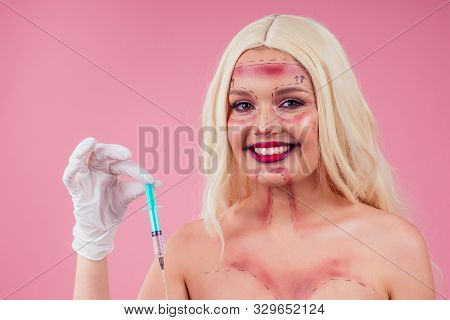 Surgery Victim Beauty Drawing Line Make Up Face Female Before Operation Syringe.halloween Concept