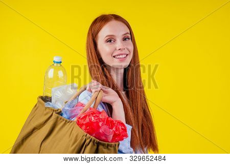 Beautiful Redhaired Ginder Happy Woman Holding Cotton Eco Bag With Sorting Recycle Trash:plastic Bot