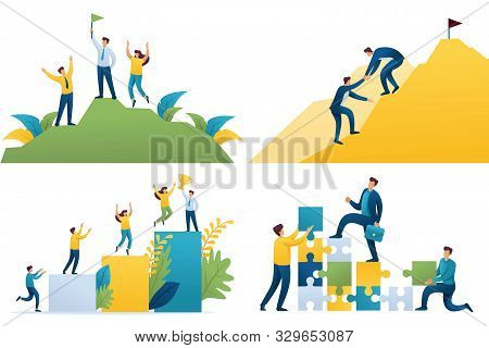 Set Flat 2d Concepts Become Successful, Team Leads To Success, Way To Success, On Top Of Success. Fo