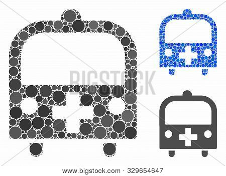 Medical Bus Mosaic Of Round Dots In Variable Sizes And Color Hues, Based On Medical Bus Icon. Vector