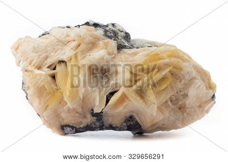 Rock Of Baryte Mineral From Morocco Isolated On A Pure White Background. Also Spelled Ad Barite
