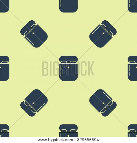 Blue Air Headphones In Box Icon Icon Isolated Seamless Pattern On Yellow Background. Holder Wireless