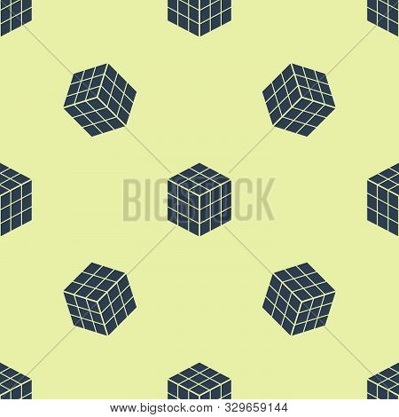 Blue Rubik Cube Icon Isolated Seamless Pattern On Yellow Background. Mechanical Puzzle Toy. Rubiks C