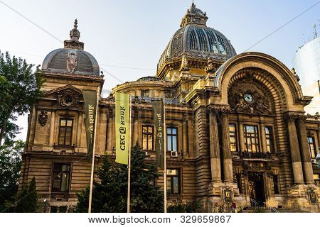 Bucharest Historical Building. Panoramic View Of Cec Palace, Landmark Of Old Town Bucharest, Romania