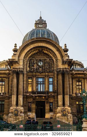 Bucharest Historical Building. Panoramic View Of Cec Palace, Landmark Of Old Town Bucharest, Romania