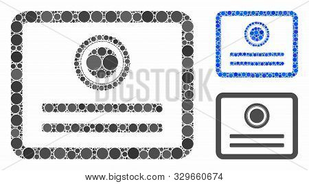 Diploma Mosaic Of Spheric Dots In Variable Sizes And Color Hues, Based On Diploma Icon. Vector Dots 