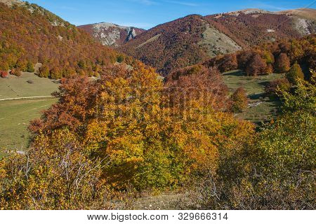 Passo Godi In Abruzzo With Wonderful Colors Of Autumn Season, Italy