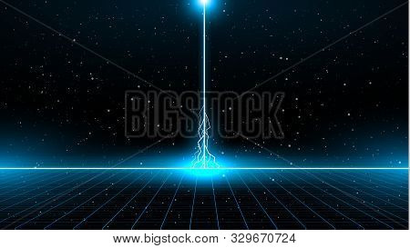 Retrowave Sci-fi Bright Blue Laser Perspective Grid With Lightning Strike From Above On Horizon On S
