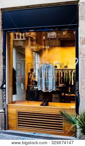 Barcelona, Spain - Nov 14, 2017: Vertical Image Of Iconic Medietarnian Fashion Store Med Winds Facad