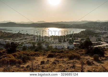 Panoramic Sunset View Of Gumbet Bay In Bodrum On Turkish Riviera. Bodrum Is A District And A Port Ci