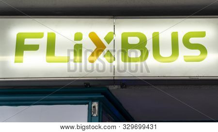 Frankfurt, Germany - October 5th, 2019: Flixbus Logo On Ticket Booth. Flixbus Is A Brand Which Offer
